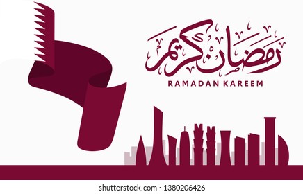 Ramadan Kareem Arabic Calligraphy and Typography. Qatar Skyline. Arabic Text Translation: Ramadan, the glorious month. Vector Illustration.