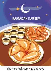 ramadan Kareem, xícaras de café árabe com desertos de ramadan e um prato de tâmaras servidas em uma mesa de madeira marrom, fundo azul com começos e uma lua, céu à noite