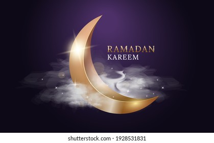 Ramadan Kareem Arabic fest. Golden moon with clouds and lights. Vector illustration design.