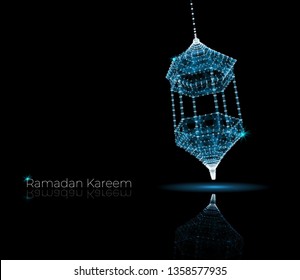 Ramadan kareem arabic greeting card. luminous lanterns. Traditional arabic poster card object. Islamic Festival concept. Polygonal wireframe light