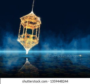 Ramadan kareem arabic greeting card. Islamic illustration with arabic pattern background. luminous lanterns. Traditional arabic poster card object. Islamic Festival concept. Polygonal wireframe light