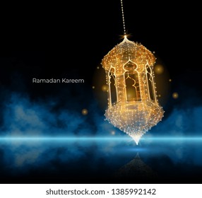 Ramadan kareem arabic greeting card. luminous lanterns. Traditional arabic poster card object. Islamic Festival concept. Polygonal wireframe light