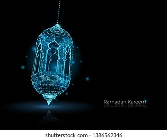 Ramadan kareem arabic greeting card. luminous lanterns. Traditional arabic poster card object. Islamic Festival concept. Polygonal wireframe light