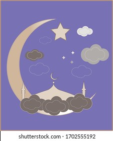 Ramadan Kareem Arabic Greeting Card. Social Media post template. Night version, moon and clouds. 