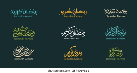 Ramadan Kareem Arabic Islamic Calligraphy in different styles. Ramadan Mubarak Vector Typography art for festive design, creative projects. Happy Holy month of Ramadan beautiful lettering in Arabic.