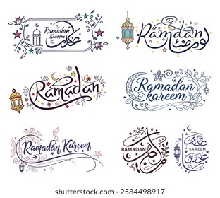 Ramadan Kareem Arabic Islamic Calligraphy in different styles. Ramadan Mubarak Vector Typography art for festive design, creative projects. Happy Holy month of Ramadan beautiful lettering in Arabic.