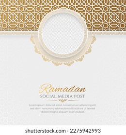 Ramadan Kareem Arabic Islamic social media post design with arabesque border and photo frame