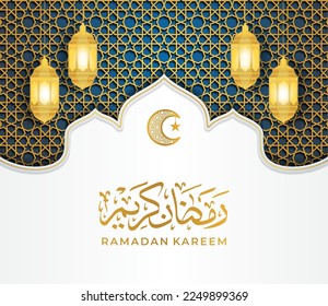 Ramadan Kareem Arabic Islamic White and Golden Luxury Ornamental Background with calligraphy and Decorative Lanterns