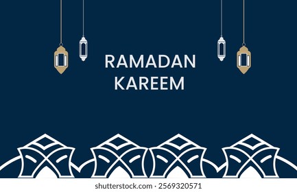Ramadan Kareem Arabic Islamic White and blue Luxury Ornamental Background with Islamic Pattern and Decorative Lanterns
