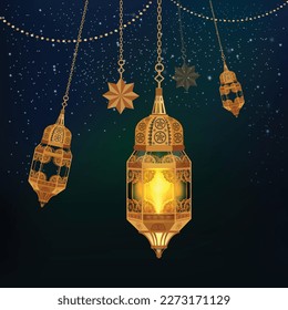 Ramadan kareem arabic lamp light lanterns vintage gold with glowing candles. realistic vector of hanging luminous lamps with golden arabian ornament with typography text design social media post 