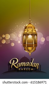 Ramadan Kareem arabic lantern for greeting card, with typography lettering ''Ramadan kareem'' of muslim holy month isolated with sparkles background.