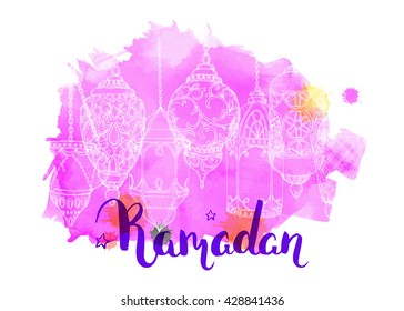 Ramadan Kareem. Arabic lanterns. Bright vector islamic background. Ink hand drawn inscription. Typography. Brush lettering. Calligraphy. Pink watercolor card. Sketch.