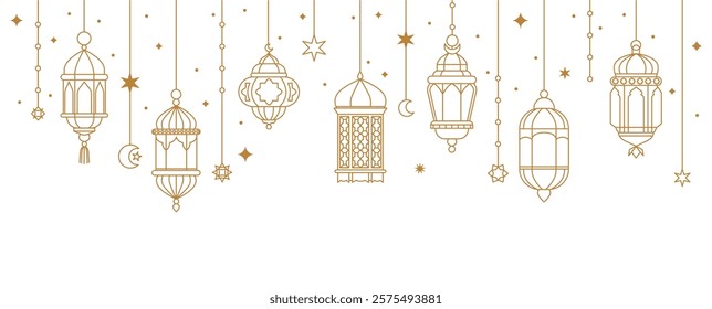 Ramadan Kareem arabic lanterns. Muslim traditional hanging lanterns for greeting card, Islamic golden oriental garland with lamp, crescent and stars. Vector background.