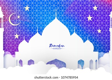 Ramadan Kareem. Arabic Mosque, clouds, white stars in paper cut style. Arabesque pattern. Crescent Moon. Holy month of muslim. Symbol of Islam. Origami Greeting card on sky blue.