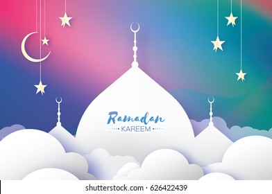 Ramadan Kareem. Arabic Mosque, clouds, white stars in paper cut style. Arabesque pattern. Crescent Moon. Holy month of muslim. Symbol of Islam. Origami Greeting card. Purple background. Vector