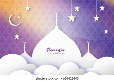 Ramadan Kareem. Arabic Mosque, clouds, white stars in paper cut style. Arabesque pattern. Crescent Moon. Holy month of muslim. Symbol of Islam. Origami Greeting card. Purple background. Vector