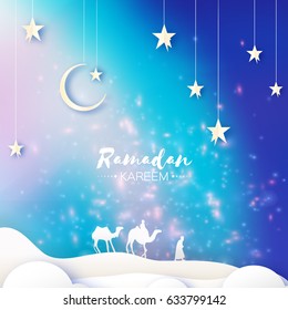 Ramadan Kareem. Arabic Mosque, landscape,camel, stars. Paper cut art style.