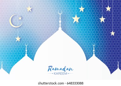 Ramadan Kareem. Arabic Mosque, white stars in paper cut style. Crescent Moon.