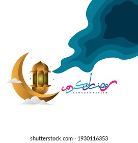 Ramadan Kareem with arabic text which means muslim event, vector template with lamp and moon for background or poster