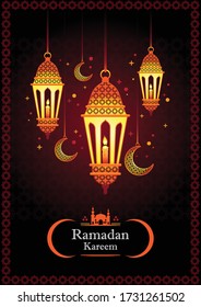 Ramadan kareem with arabic  traditional lantern and islamic ornamental colorful detail of mosaic for islamic greeting.