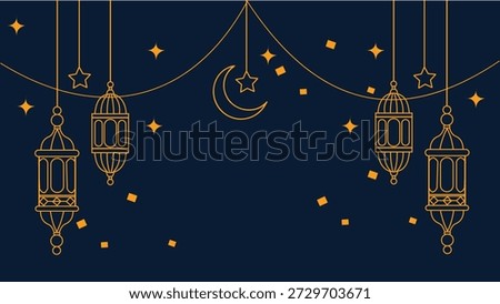 Ramadan Kareem arabic traditional lantern hanging line art with stars and crescent moon for greeting card or poster design banner decoration