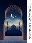 Ramadan Kareem arch entrance with mosque silhouette on night background. Modern Islamic greeting card template design. Poster and social media banner, vector illustration