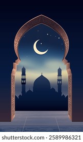 Ramadan Kareem arch entrance with mosque silhouette on night background. Modern Islamic greeting card template design. Poster and social media banner, vector illustration