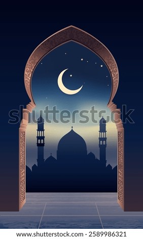 Ramadan Kareem arch entrance with mosque silhouette on night background. Modern Islamic greeting card template design. Poster and social media banner, vector illustration