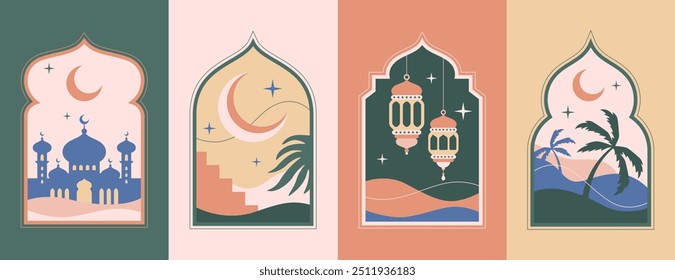 Ramadã kareem arcos, antiga forma de janela islâmica com lua crescente, lanternas e cúpula de mesquita em estilo oriental. Armações árabes ou portas árabes. Elementos de design de arquitetura muçulmana, eid mubarak gates