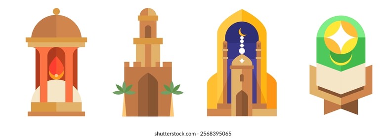 Ramadan Kareem art composition in modern geometric bauhaus style. Lamp, Koran, Mosque. Set creative bright festive concept design isolated on white background. Vector illustration. 