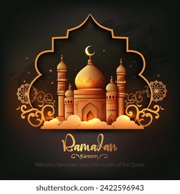 Ramadan Kareem art greetings with golden mosque and black background. abstract vector illustration design.