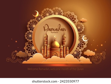 Ramadan Kareem Kunstgrüße mit goldener Moschee und braunem Hintergrund. abstraktes Vektorgrafik-Design.