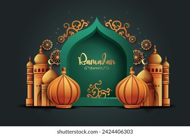 Ramadan Kareem art greetings with golden mosque and green background. abstract vector illustration design.