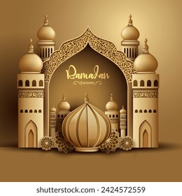 Ramadan Kareem art greetings with golden mosque and yellow background. abstract vector illustration design.