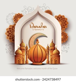 Ramadan Kareem art greetings with golden mosque and white background. abstract vector illustration design.