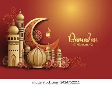 Ramadan Kareem art greetings with red mosque and black background. abstract vector illustration design.