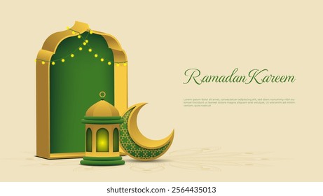 Ramadan Kareem background with 3d crescent, gate and lantern in green and gold color. islamic vector illustration
