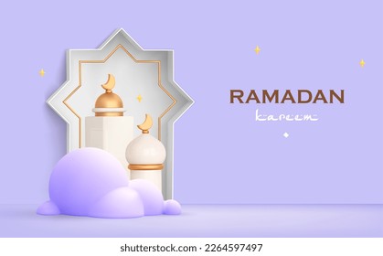 Ramadan kareem background. 3d muslim banner with islam mosque, clouds and arabic calligraphy. Vector cartoon ramadhan holiday illustration