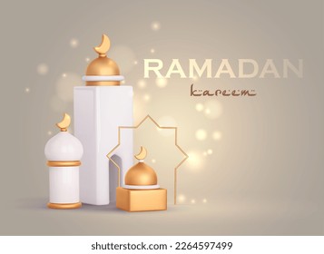 Ramadan kareem background. 3d muslim banner with islam mosque, clouds and arabic calligraphy. Vector cartoon ramadhan holiday illustration