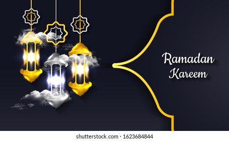 Ramadan Kareem background with 3d realistic lantern lamp, star, cloud in golden and silver color, for banner, greeting card vector illustration