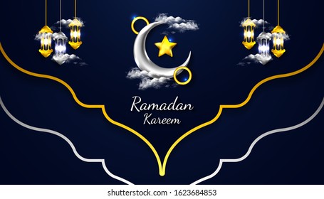 Ramadan Kareem background with 3d realistic crescent moon, lantern lamp, star, circle and cloud in golden and silver color, for banner, greeting card vector illustration