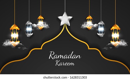 Ramadan Kareem background with 3d realistic lantern lamp, star and cloud in golden and silver color, for banner, greeting card vector illustration