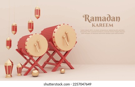 ramadan kareem Hintergrund 3d-Rendering, Komposition mit islamischer Trommel, Laterne für Grußbanner, Poster