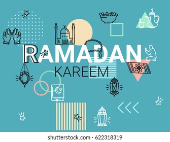Ramadan Kareem background. Arabians line icons set.  Vector design template for greetings card, poster, banner, invitation. 