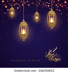 Ramadan kareem background with Arabic Calligraphy and golden lanterns. Greeting card background with a glowing hanging lantern mixed with a flickering glow.