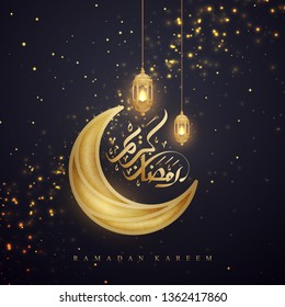 Ramadan kareem background with Arabic Calligraphy, golden lanterns, and moon. Greeting card background with a glowing hanging lantern mixed with a flickering glow.