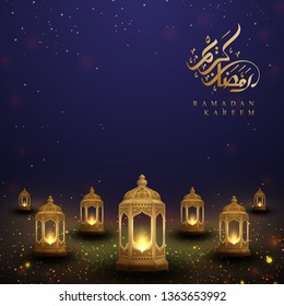 Ramadan kareem background with Arabic Calligraphy and golden lanterns. Greeting card background with luxury lantern in 3D style.