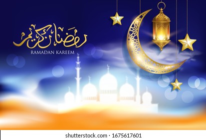 Fondo Ramadan Kareem con caligrafía árabe, media luna y mezquita. Traducción de texto: Generoso Ramadán. Ilustración vectorial.
