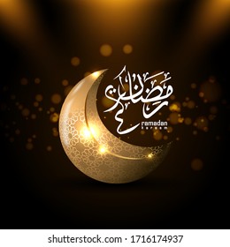 Ramadan kareem background, arabic calligraphy with gold crescent, mandala ornament, mosque and gold lanterns