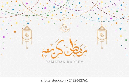 Ramadan Kareem background with arabic calligraphy template. Middle east antique kerosene hanging light underline vector design. Web banner, muslims, islam, moon, star.